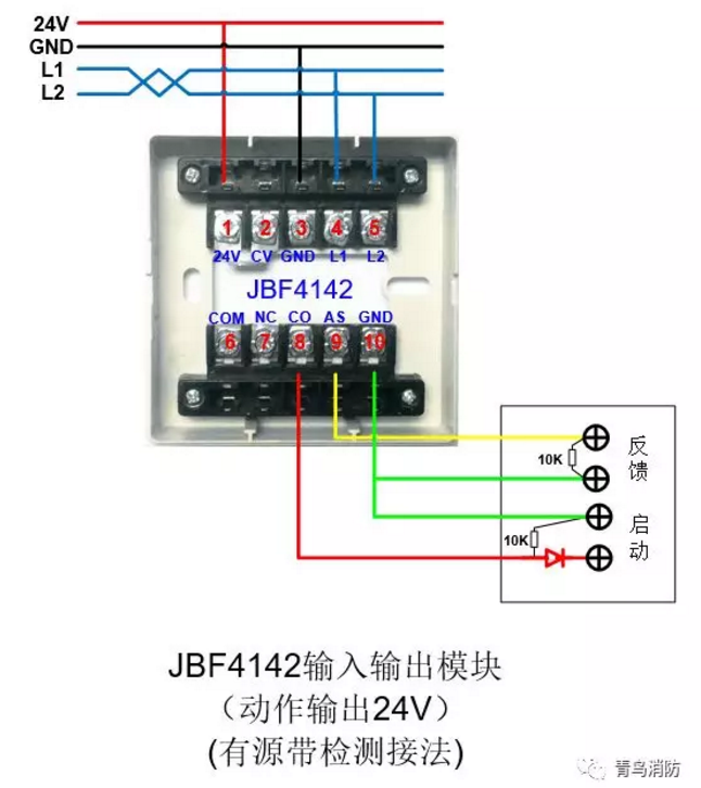 JBF4142輸入/輸出模塊動(dòng)作輸出24V（有源有檢測(cè)）接線圖